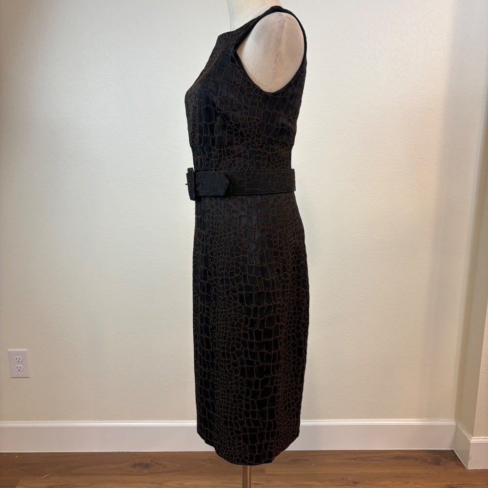 Vintage Cache Luxe Sheath Dress Women 6 Black Brown 90s Belted Croc Midi Chic - Picture 5 of 9